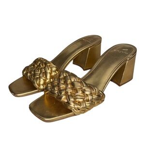 MARC FISHER LTD. NAHEA SANDALS, LEATHER UPPER, GOLD, MULE SIZE 8.5